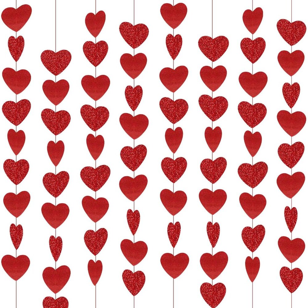 8 Packs Red Glitter Heart Garland- NO DIY - Heart Garland Decorations - Valentin